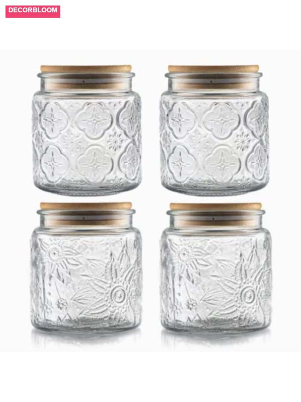 Set of 4 Vintage Glass Airtight Storage Jars with Bamboo Lids, 17 oz each
